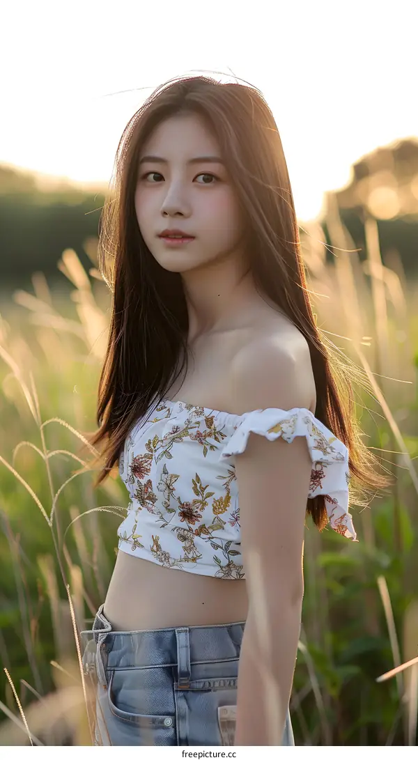 Asian Woman in Field with Flowers on Top