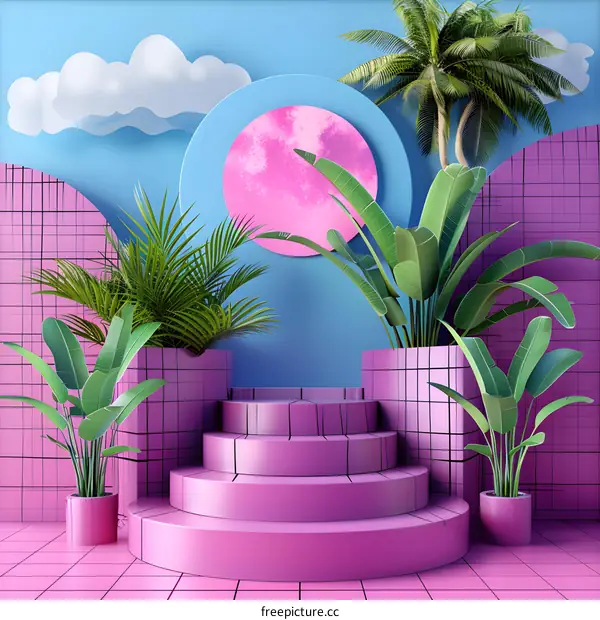 Pink Minimalist Stage with Tropical Plants