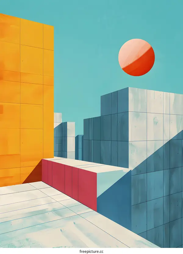 Abstract Cityscape Illustration with Geometric Shapes and Vibrant Colors