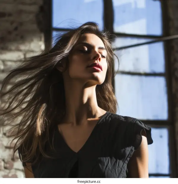 Portrait of a young beautiful woman with long brown hair standing in front of a window