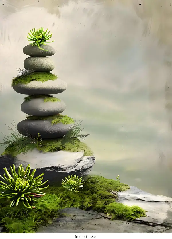 Zen Stones Stacked On Top Of Each Other With Moss And Flowers