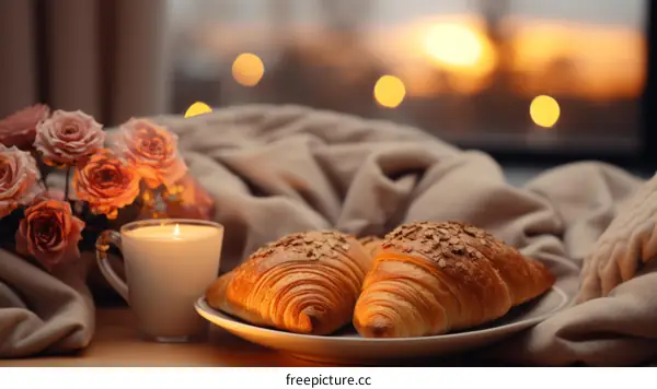 cozy home breakfast with croissants and roses