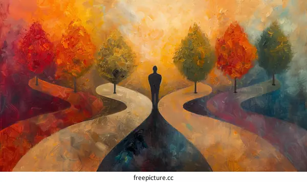 A person standing in front of three paths with different colored trees