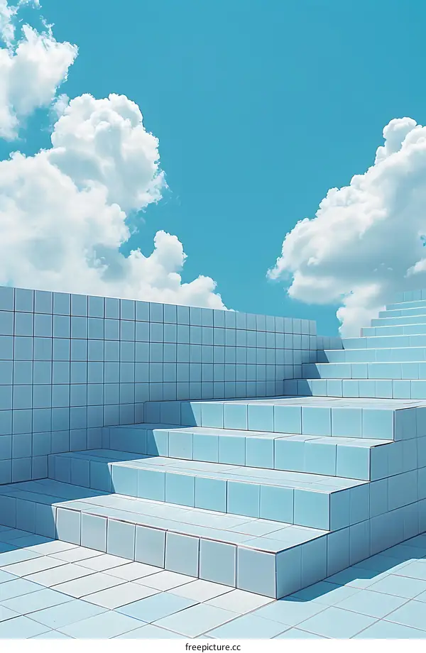 Minimalist Blue Stairs Leading Up to a Cloud Filled Sky