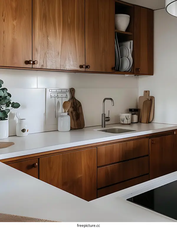 Modern Kitchen Interior Design with Wooden Cabinets and White Countertop