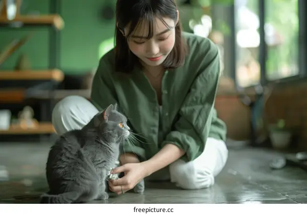 A young woman is petting a gray cat on the floor in a green room
