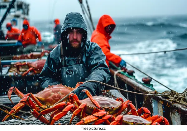 A fisherman holds a crab on a boat in the Bering Sea.