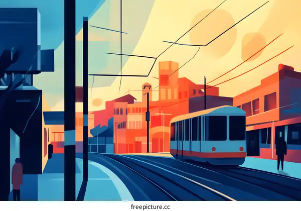 Sunset Cityscape with Tram and Silhouette of People