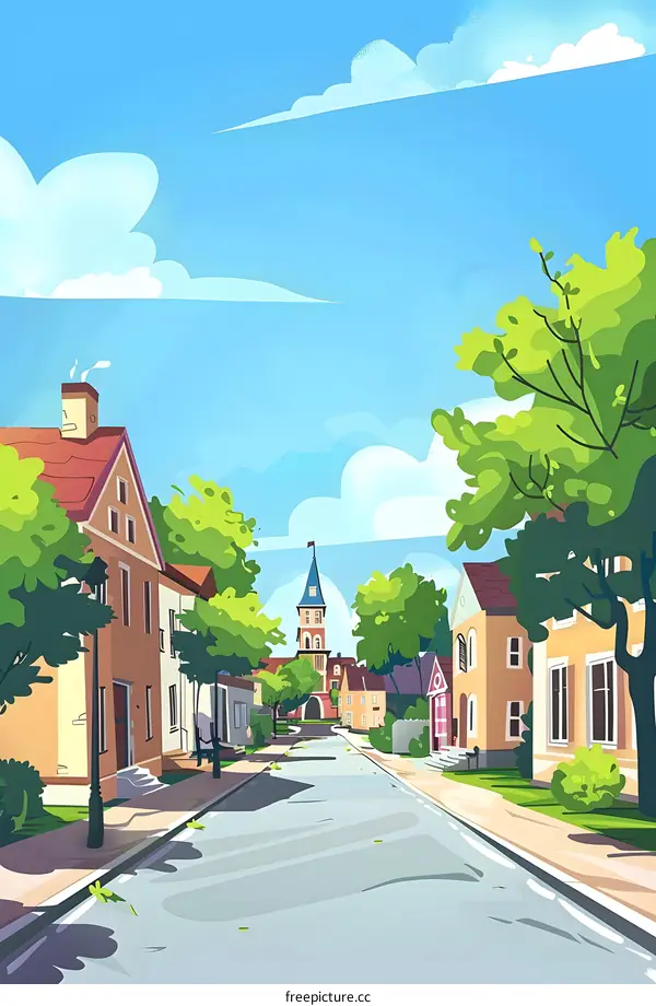 Cartoon Illustration of a Small Town Street with Houses and Trees