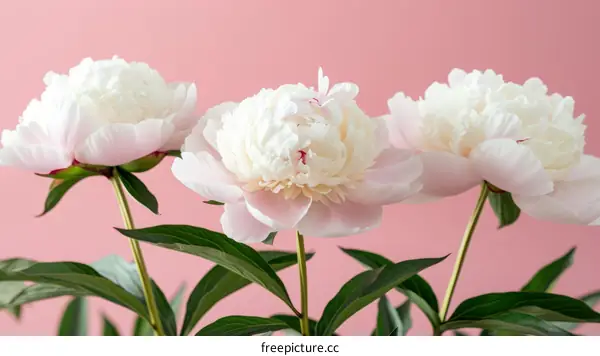 Three white peony flowers with green leaves on a pink background