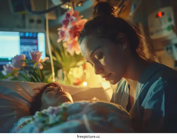 Woman Praying Over Sick Patient In Hospital Room