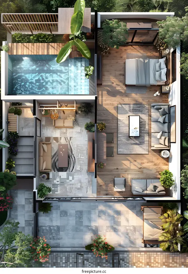 俯瞰带游泳池的现代住宅