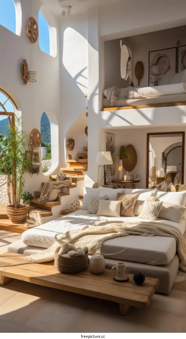 Modern luxury villa interior design with bedroom and living room in open space