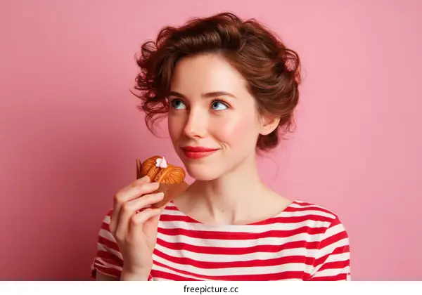 Woman Enjoying a Sweet Treat on Pink Background