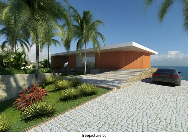 Modern Tropical House with Palm Trees and Ocean View