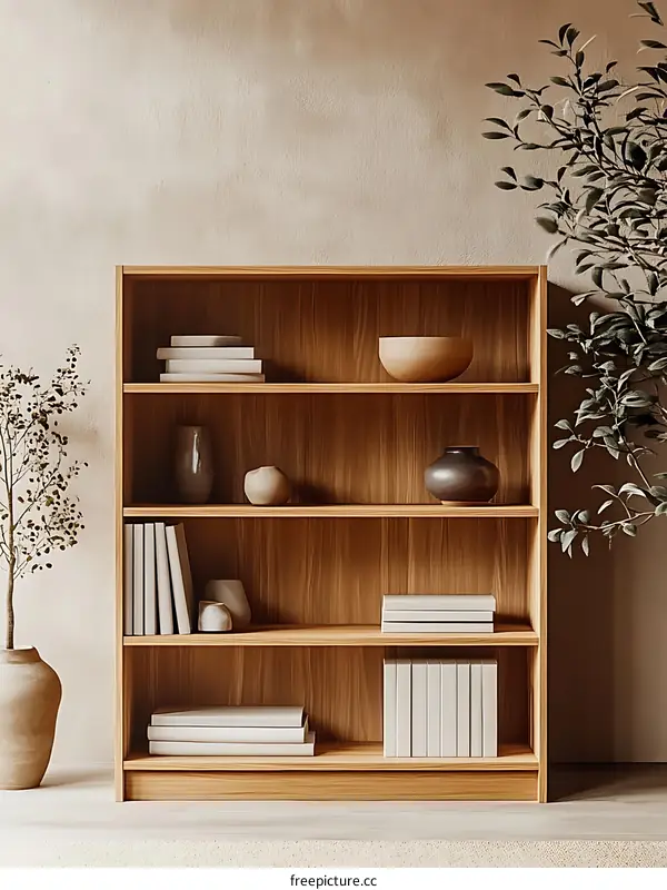 Modern Wooden Bookshelf with Minimalist Decor