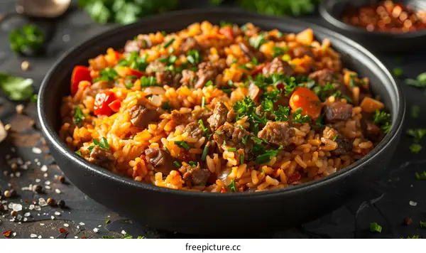 Close Up of Delicious Rice with Meat and Vegetables