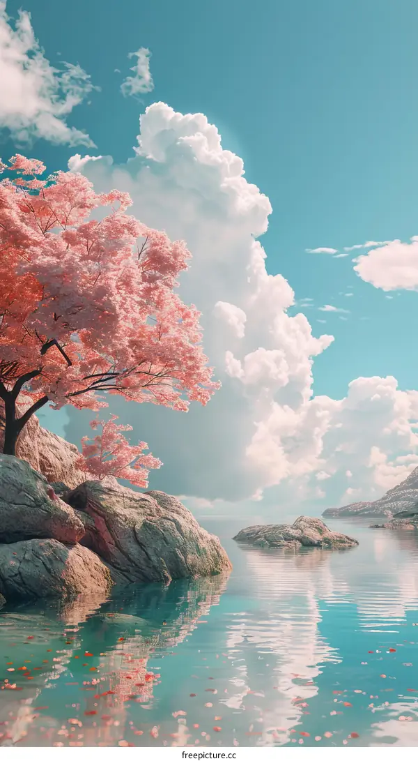 Pastel Pink Springtime Lakeside Scenery