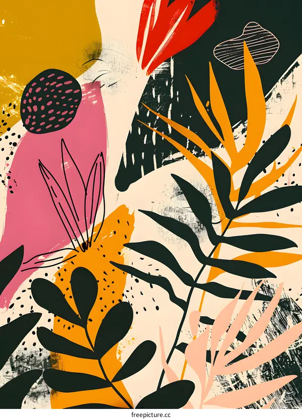 Abstract Tropical Plants in Bold Colors
