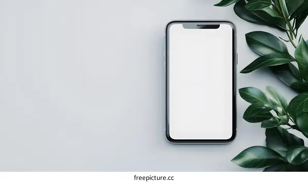 White Background Smartphone Mockup with Green Leaves