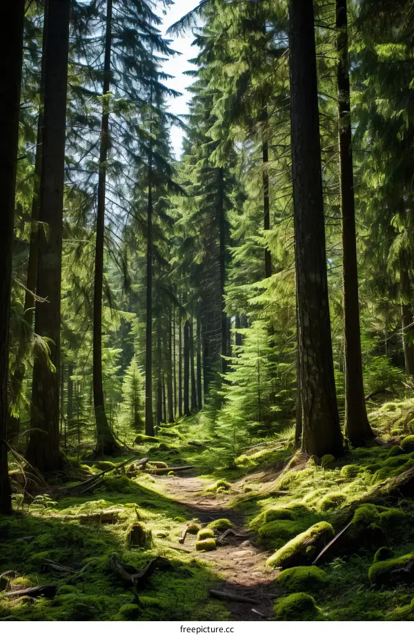 The sun shines through the tall trees in the lush green forest