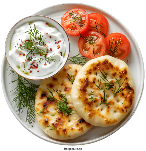 [Transparent Background PNG]Grilled Pita Bread with Yogurt Dip and Tomatoes