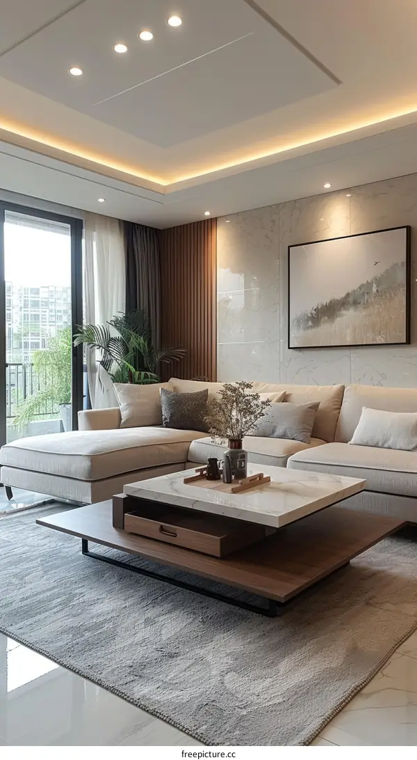 Modern minimalist living room design with large windows and marble walls