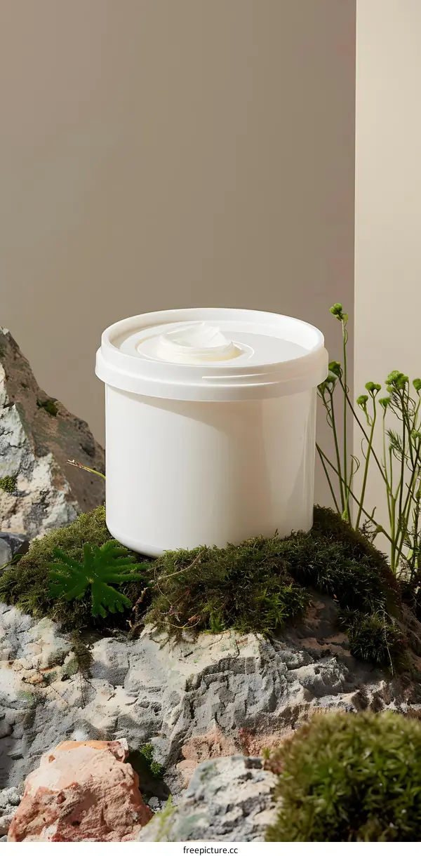 White Plastic Container With Lid On Rocks And Moss