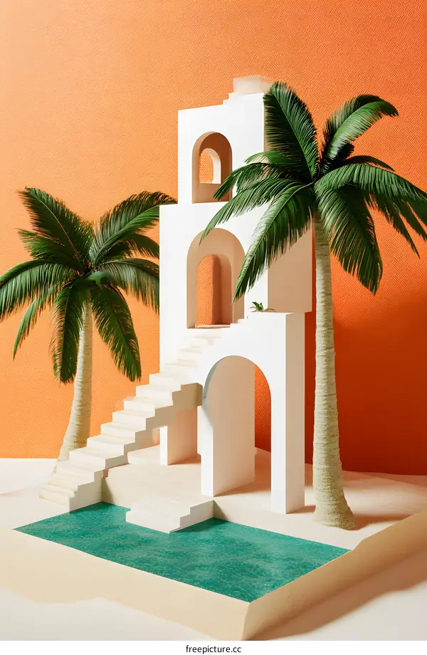 Minimalist 3D Illustration of a White Building with Palm Trees and a Pool
