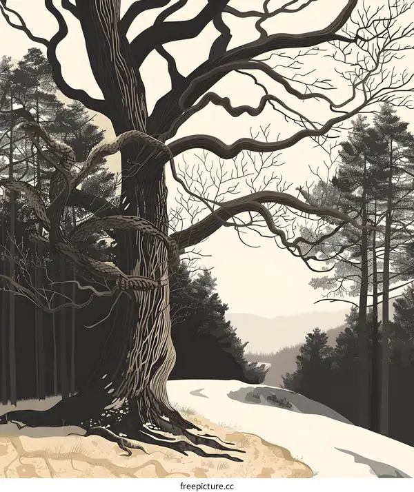 Ancient Oak Tree Illustration Winter Landscape