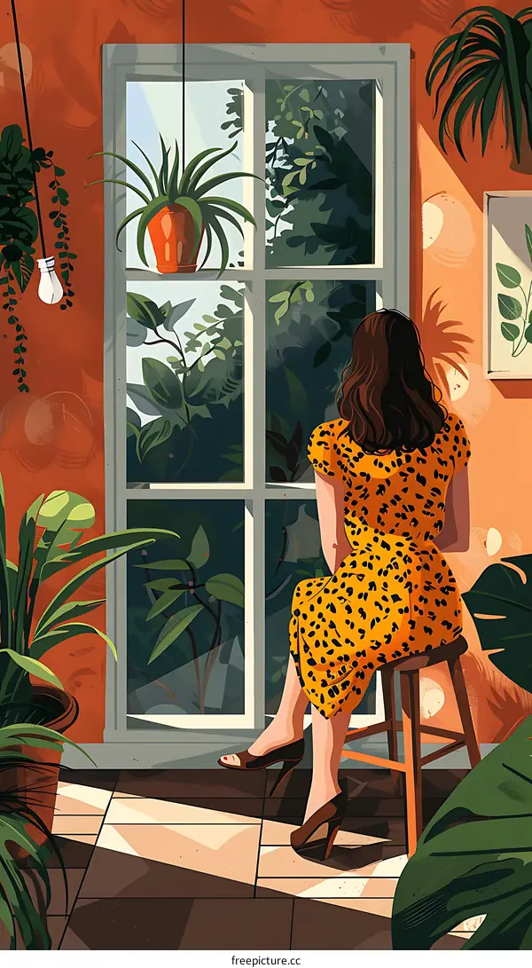 Woman in a Leopard Print Dress Sitting by a Window