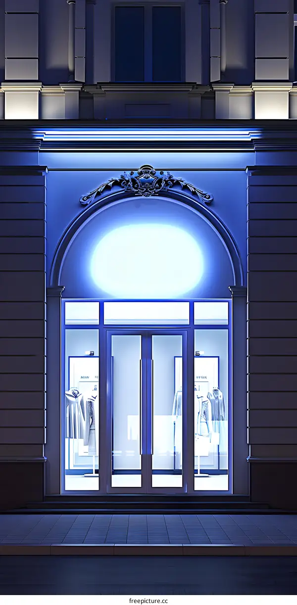 Facade of a Store with Blue Neon Lights at Night
