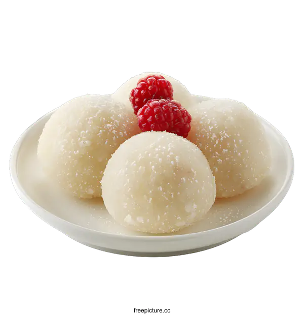 [Transparent Background PNG]Four white balls of dough with red raspberries on top