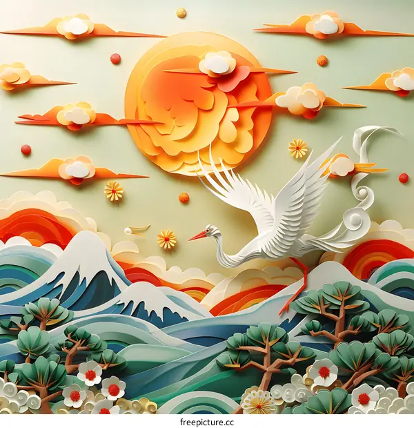 A white paper crane flies over a sea of blue and green waves with a large orange sun in the background