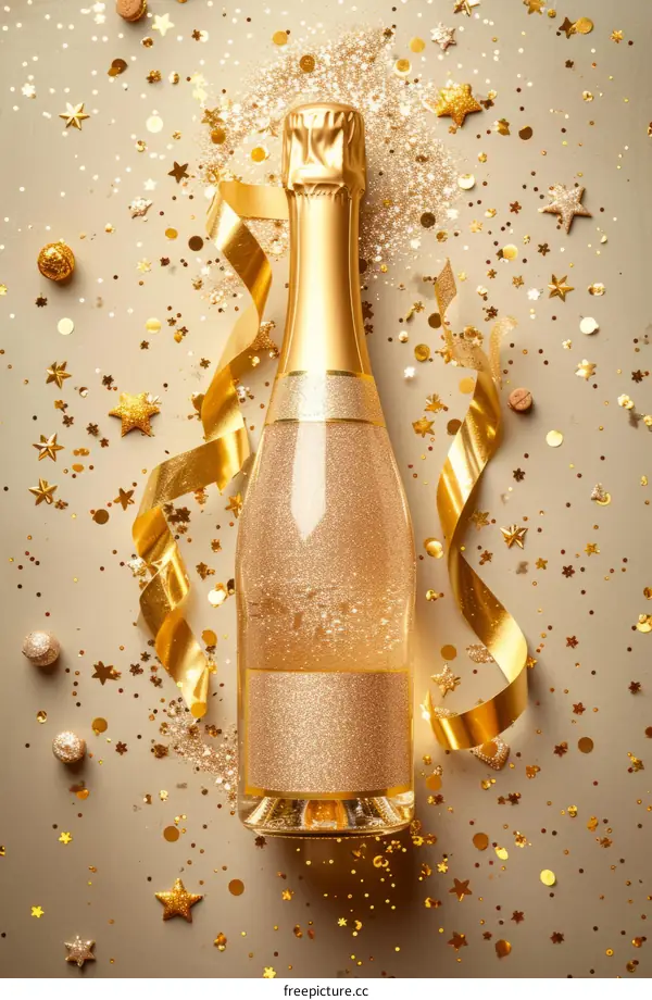 Golden Champagne Bottle with Ribbon and Glitter Stars on Beige Background