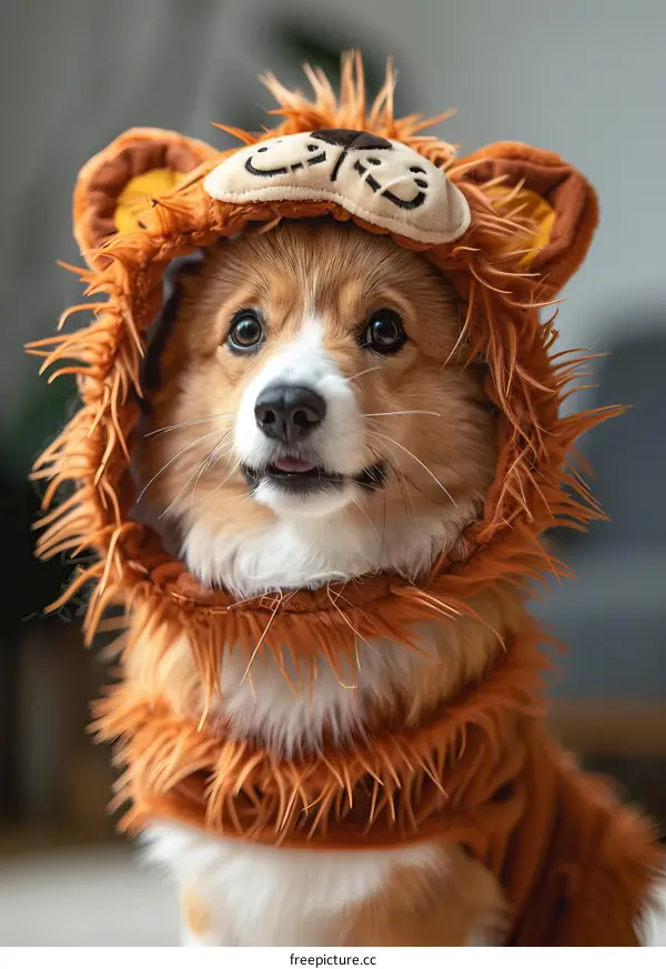 A cute dog wearing a lion costume