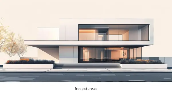 A modern two-story house with a flat roof and large windows