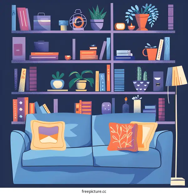 Modern Minimalist Living Room Interior Design with Sofa and Bookshelves