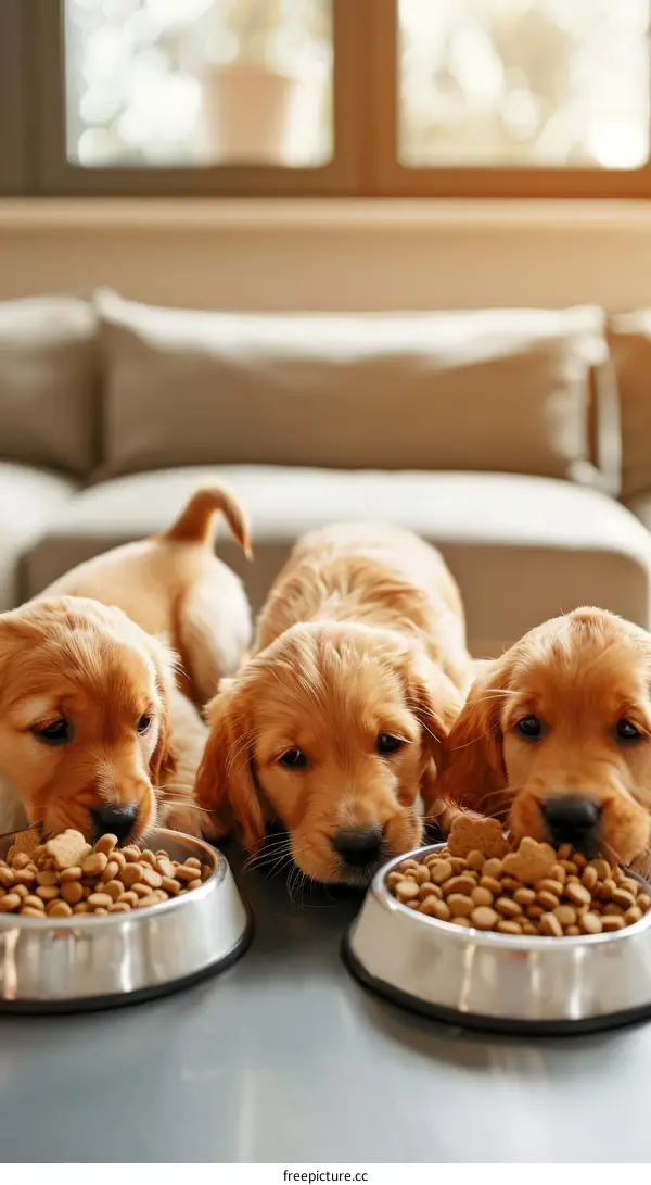 Three cute golden retriever puppies eating food from bowls