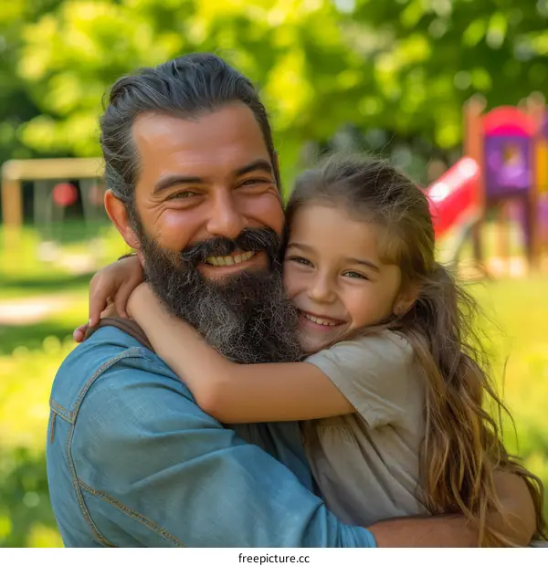 Father and daughter are hugging in the park