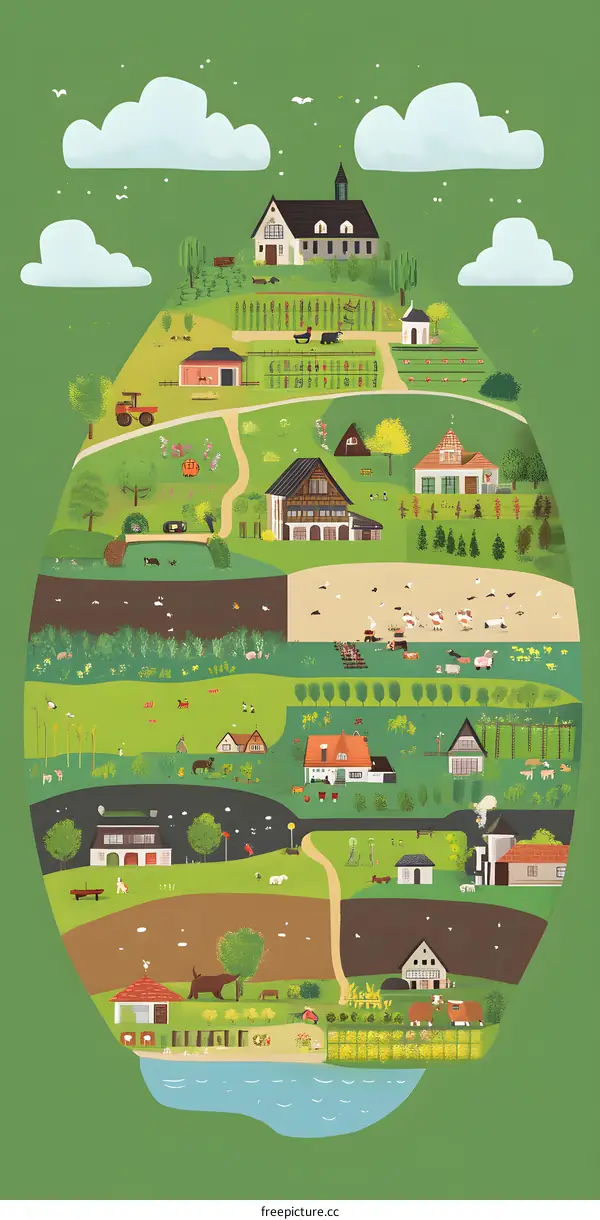 Farmhouse Illustration with Detailed Landscape