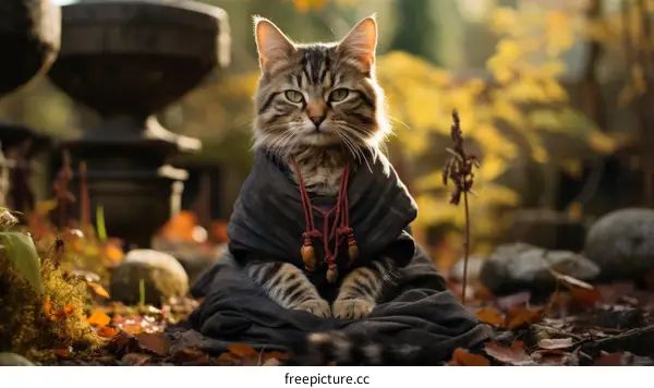 A cute cat wearing a brown robe is sitting in the woods.