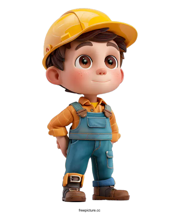 [Transparent Background PNG]Cartoon Boy in Yellow Hard Hat and Blue Overalls