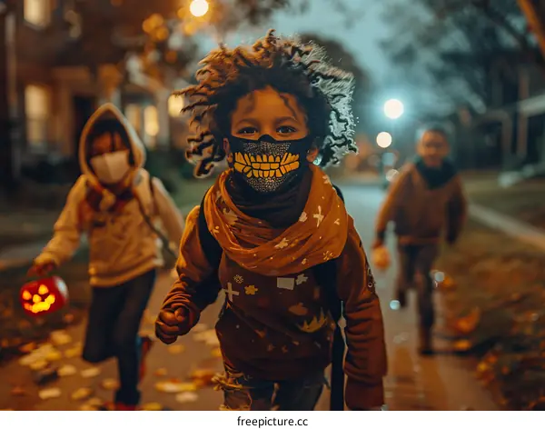 Three kids wearing Halloween costumes and masks running down the street at night