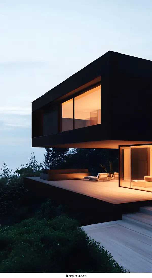 Modern Black House with Deck and Ocean View at Dusk