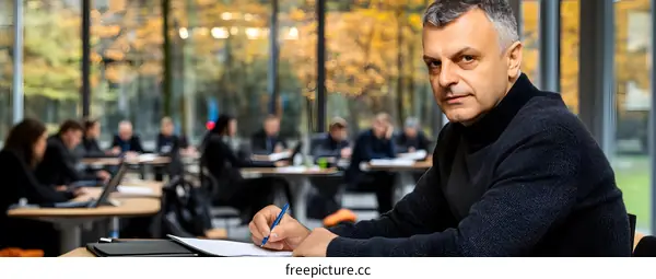 Man Writing in a Cafe with Autumn Scenery Background