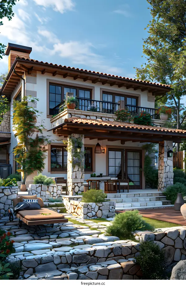 Modern Stone House with Patio and Balcony