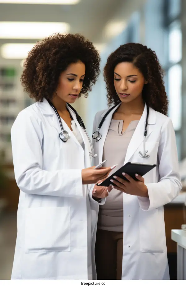 Two female doctors discussing a patient's case