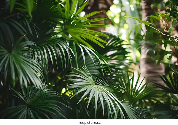 Green Lush Palm Leaves in Tropical Rainforest