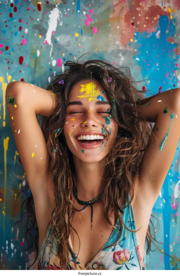 Woman Covered in Paint in Colorful Wall Background
